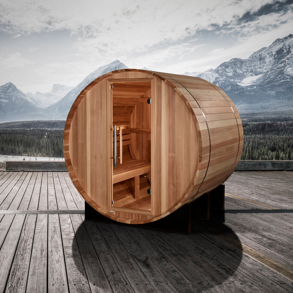 Golden Designs "St. Moritz" 2-Person Barrel Traditional Steam Sauna — Pacific Cedar