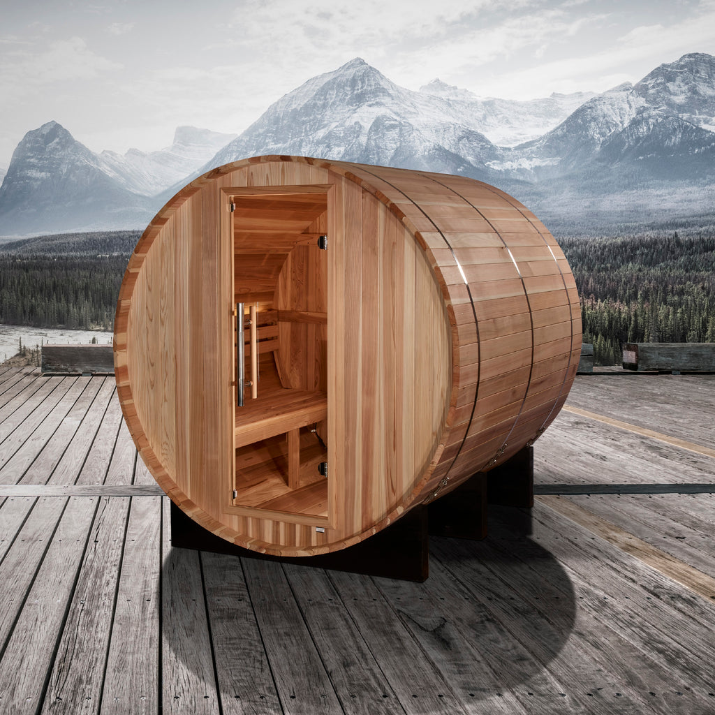 Golden Designs "Arosa" 4-Person Barrel Traditional Steam Sauna — Pacific Cedar