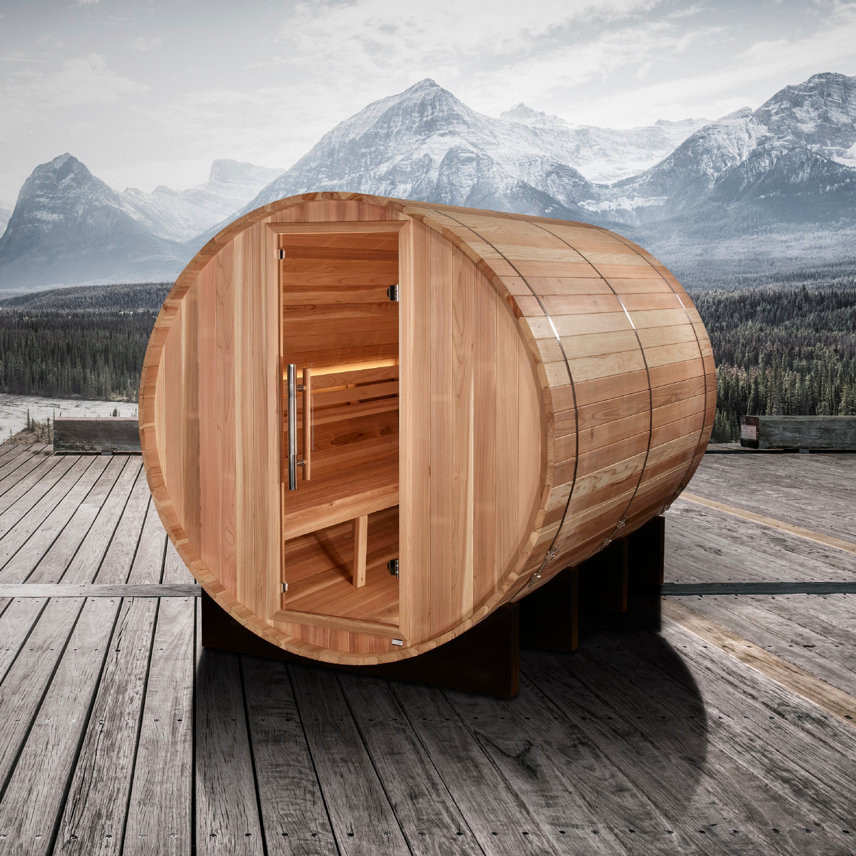 Golden Designs "Klosters" 6-Person Barrel Traditional Steam Sauna — Pacific Cedar