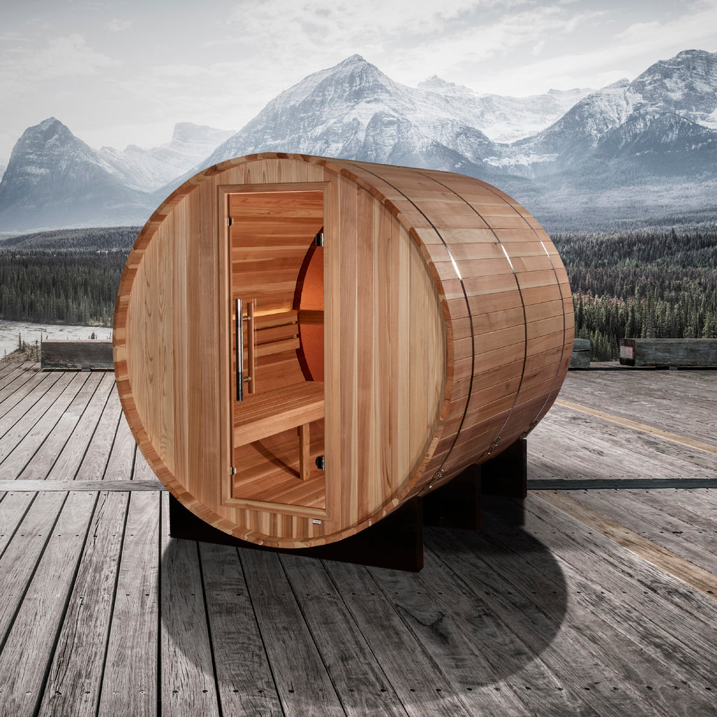 Golden Designs "Zurich" 4-Person Barrel Sauna with Bronze Privacy View — Pacific Cedar
