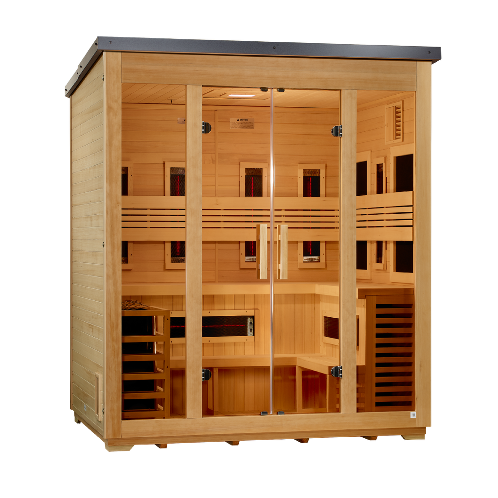 Golden Designs Gargellen 5-Person Hybrid Flat-Roof Outdoor Sauna (Full Spectrum IR + Traditional Stove)
