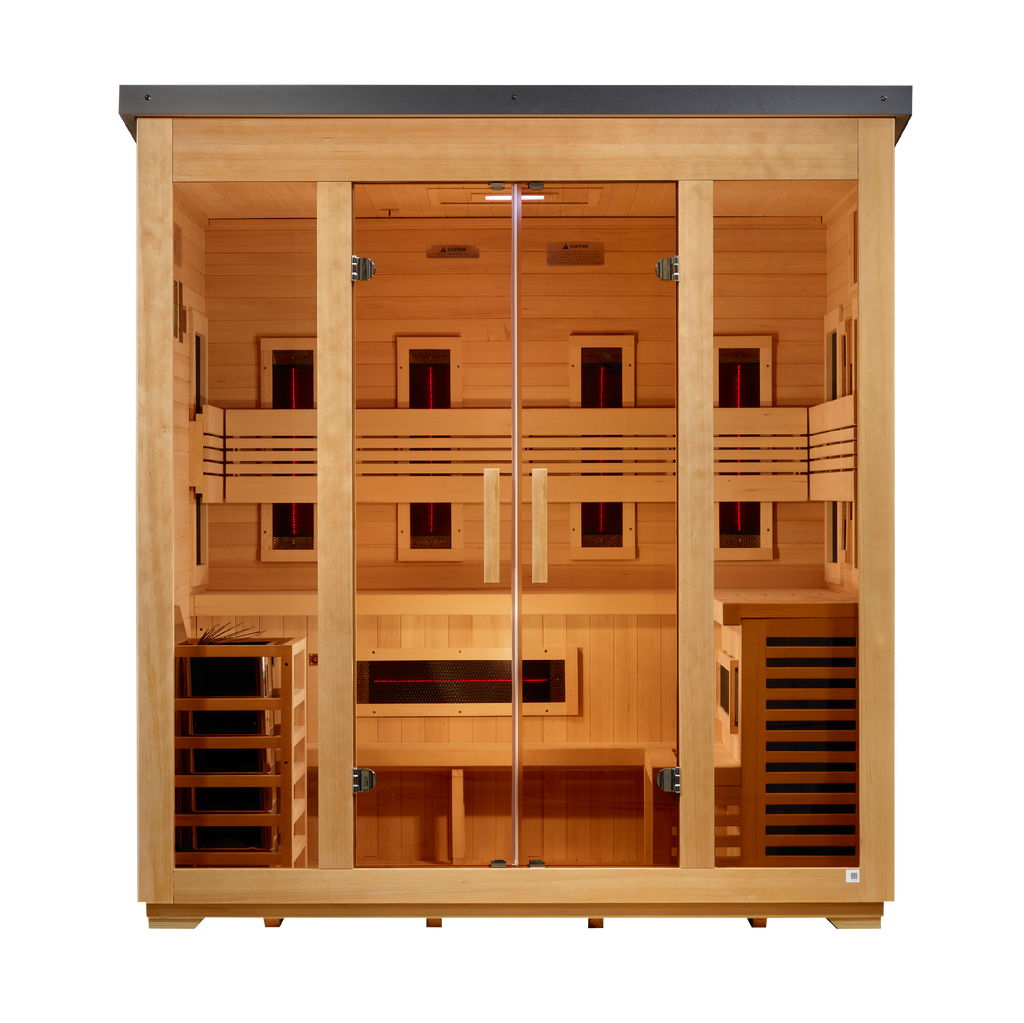 Golden Designs Gargellen 5-Person Hybrid Flat-Roof Outdoor Sauna (Full Spectrum IR + Traditional Stove)