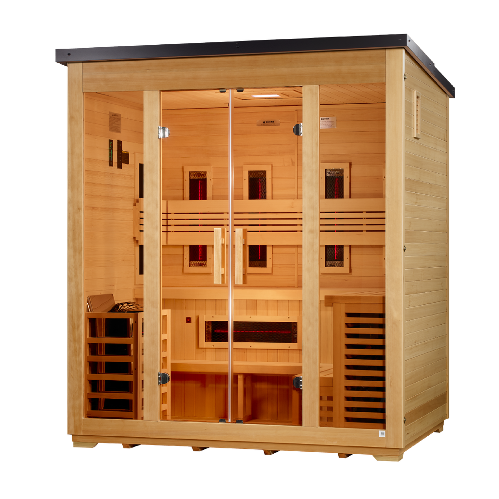 Golden Designs Gargellen 5-Person Hybrid Flat-Roof Outdoor Sauna (Full Spectrum IR + Traditional Stove)