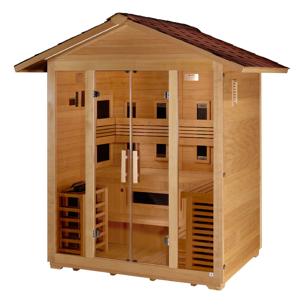 Golden Designs Gargellen 5-Person Hybrid Outdoor Sauna (Full Spectrum IR + Traditional Stove)