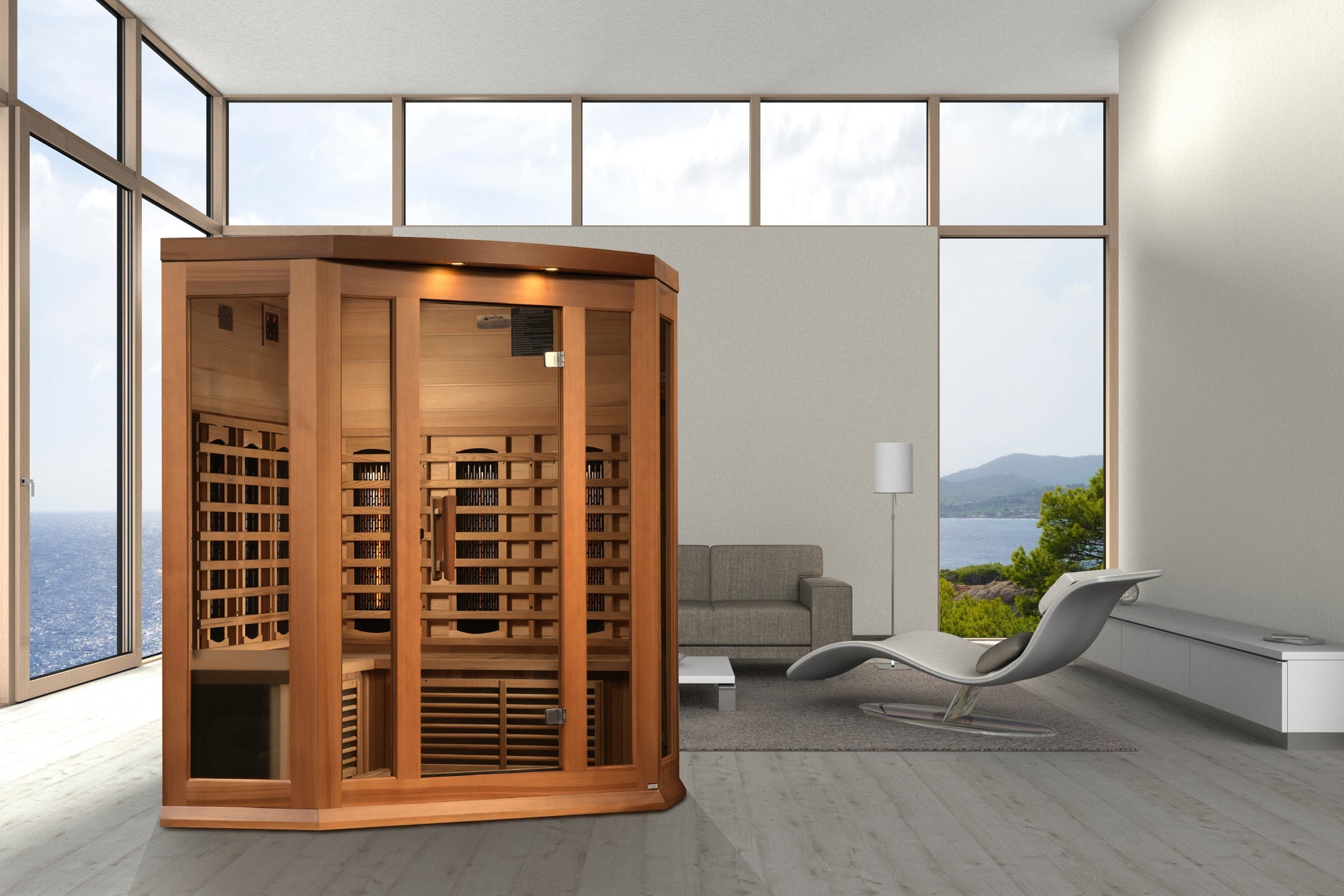 Maxxus 3-Person Corner Full Spectrum Near-Zero EMF Infrared Sauna (Canadian Red Cedar)