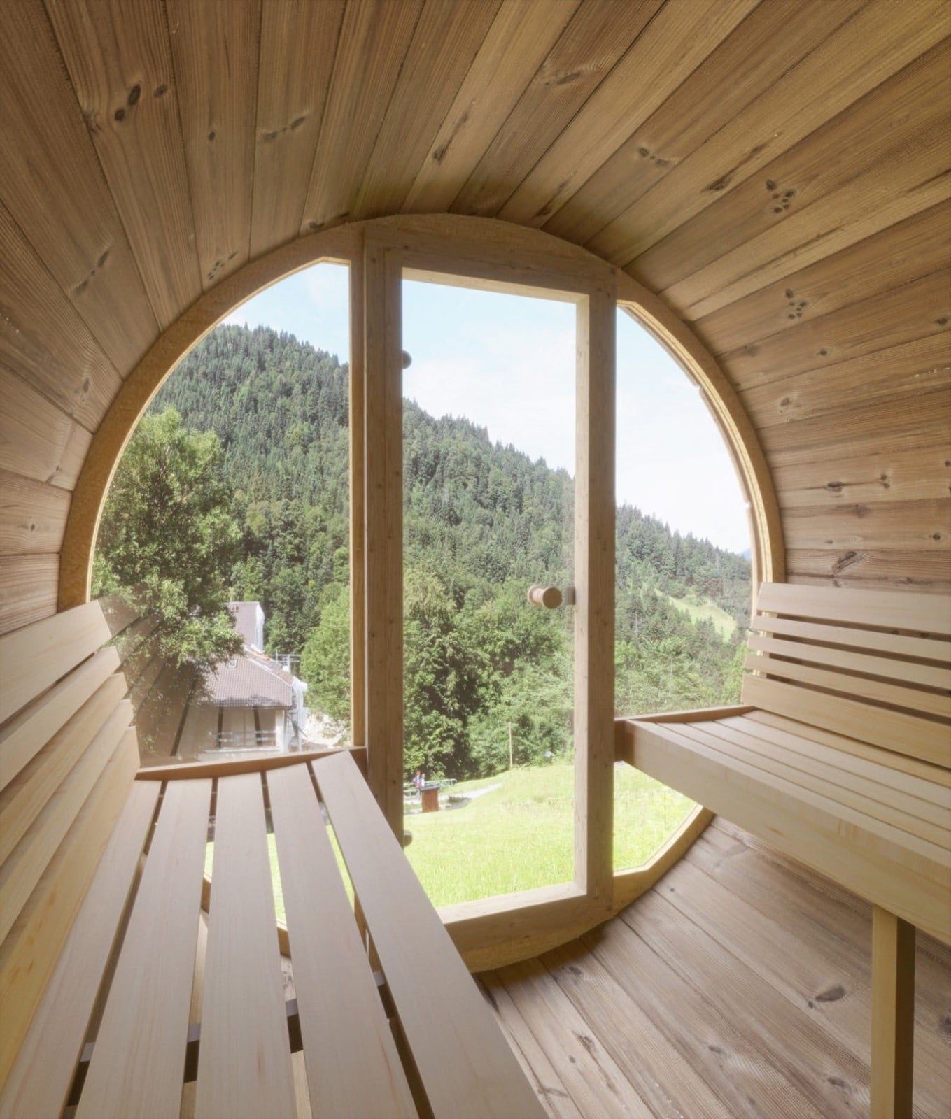 SaunaLife Model E7G Outdoor Barrel Sauna Kit (Glass Front)